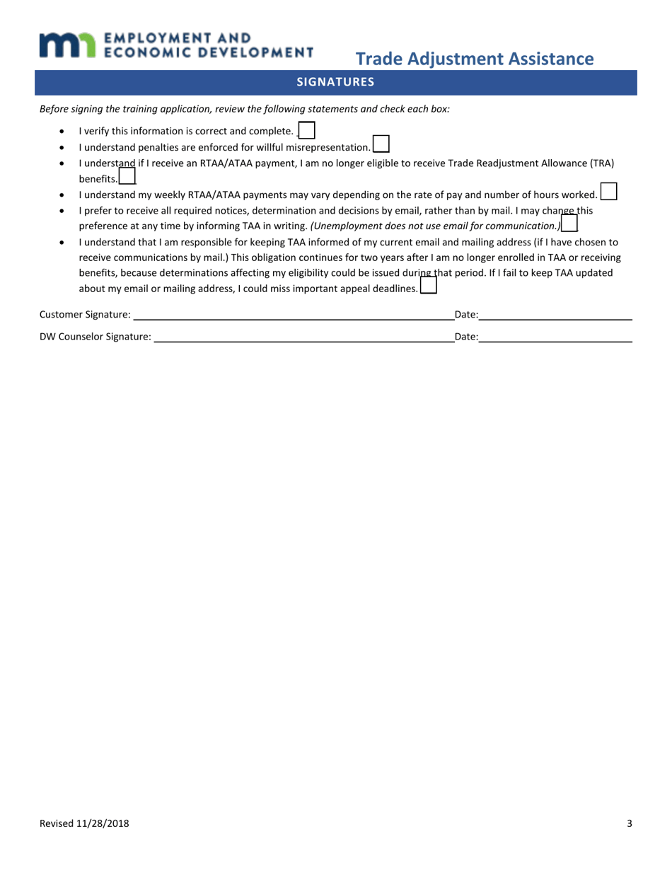 Reemployment / Alternative Trade Adjustment Assistance (Rtaa / Ataa) Application - Minnesota, Page 3