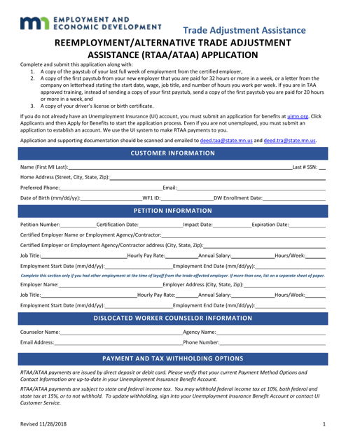 Reemployment / Alternative Trade Adjustment Assistance (Rtaa / Ataa) Application - Minnesota Download Pdf