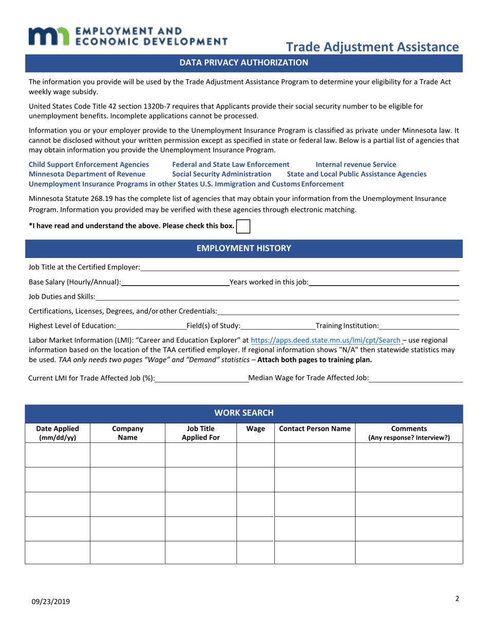 Trade Adjustment Assistance Training Application - Minnesota, Page 2