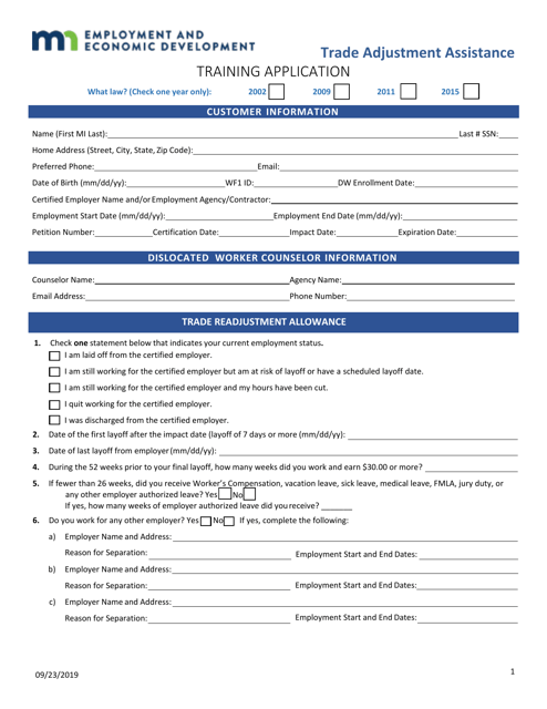 Trade Adjustment Assistance Training Application - Minnesota Download Pdf