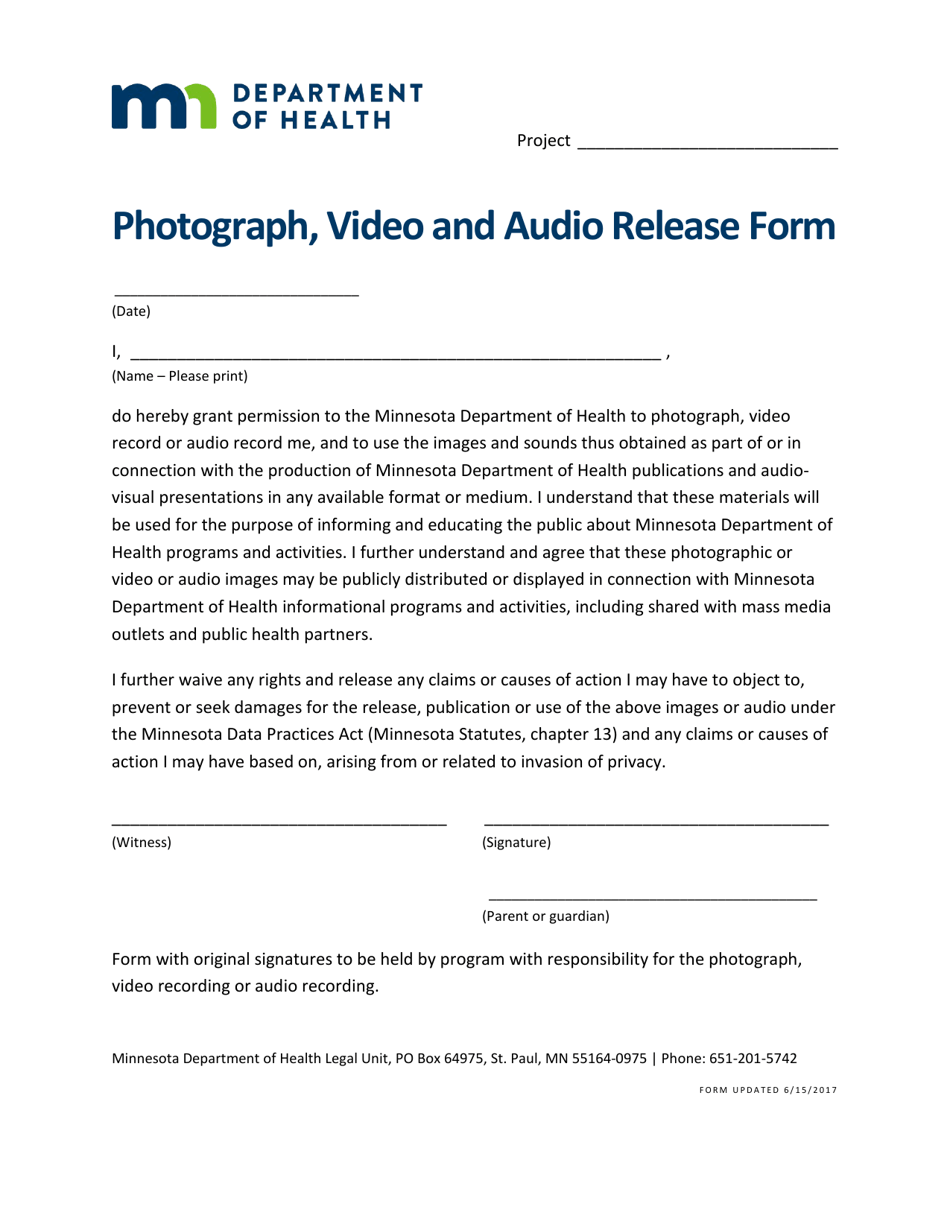 Photograph, Video and Audio Release Form - Minnesota, Page 1
