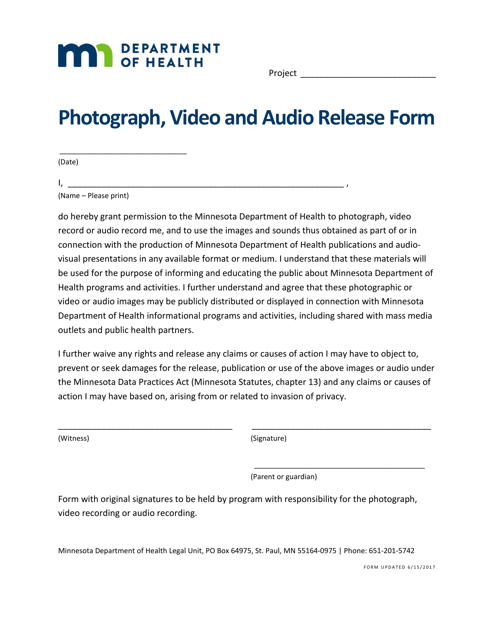 Photograph, Video and Audio Release Form - Minnesota