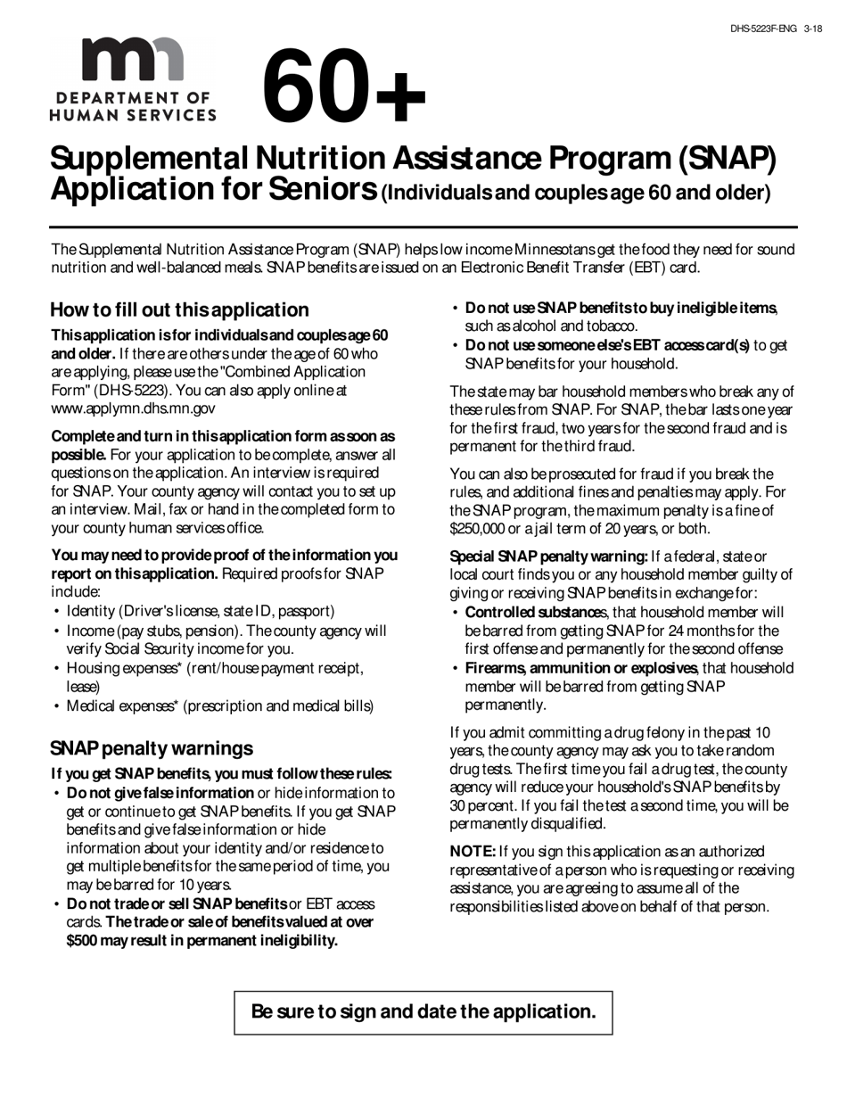 Form DHS-5223F-ENG Supplemental Nutrition Assistance Program (Snap) Application for Seniors (Individuals and Couples Age 60 and Older) - Minnesota, Page 1