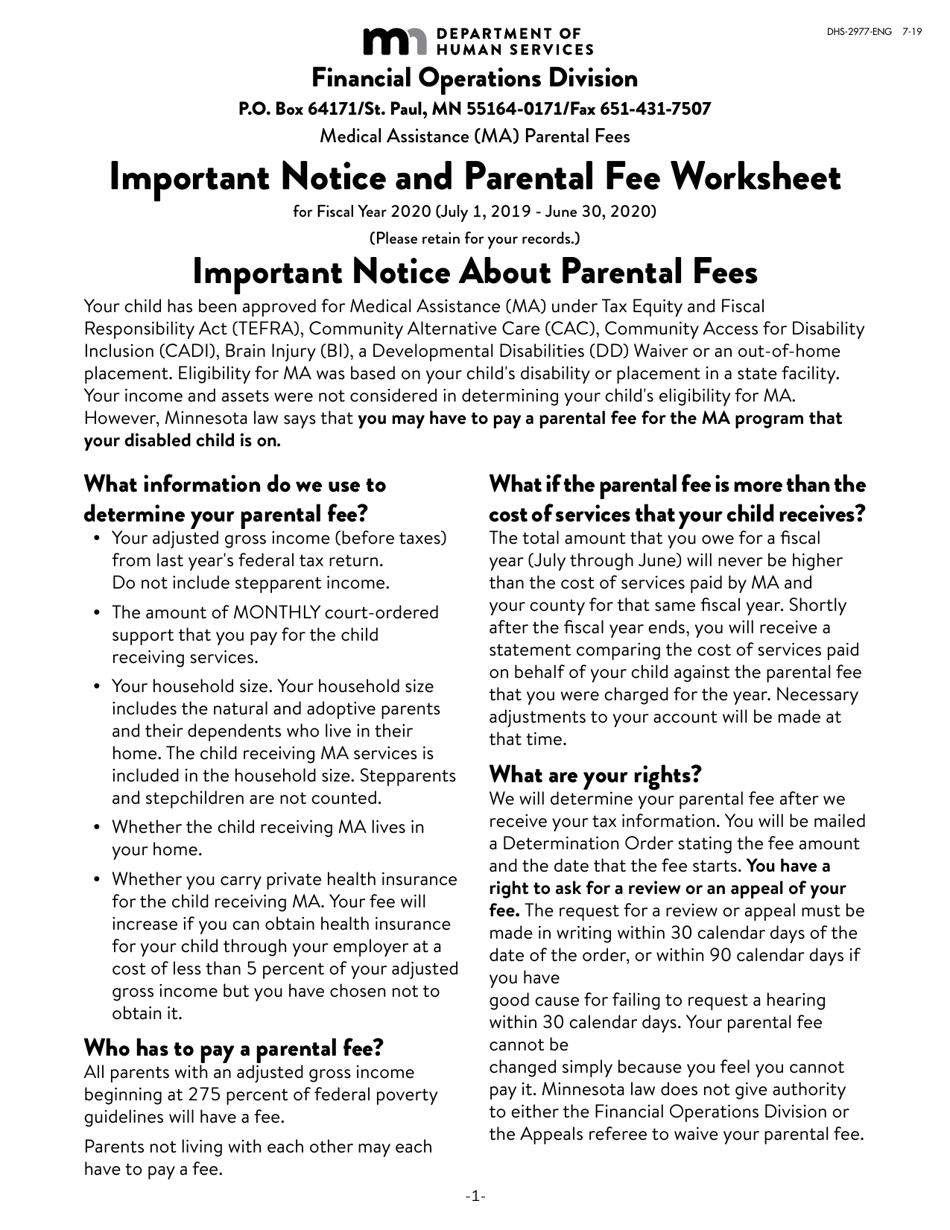Form DHS-2977-ENG Important Notice and Parental Fee Worksheet - Minnesota, Page 1