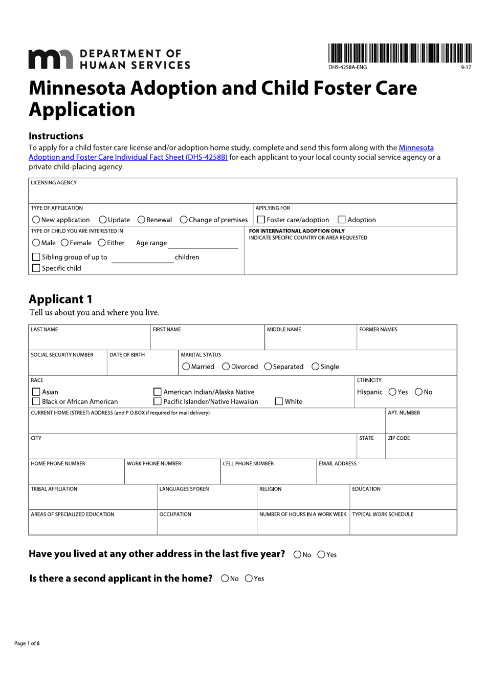 Form DHS-4258-ENG Minnesota Adoption and Child Foster Care Application - Minnesota, Page 1