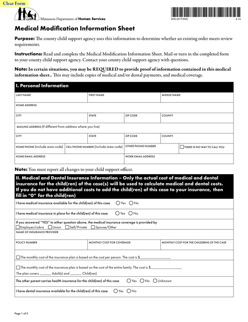 Form DHS-6019-ENG Medical Modification Information Sheet - Minnesota