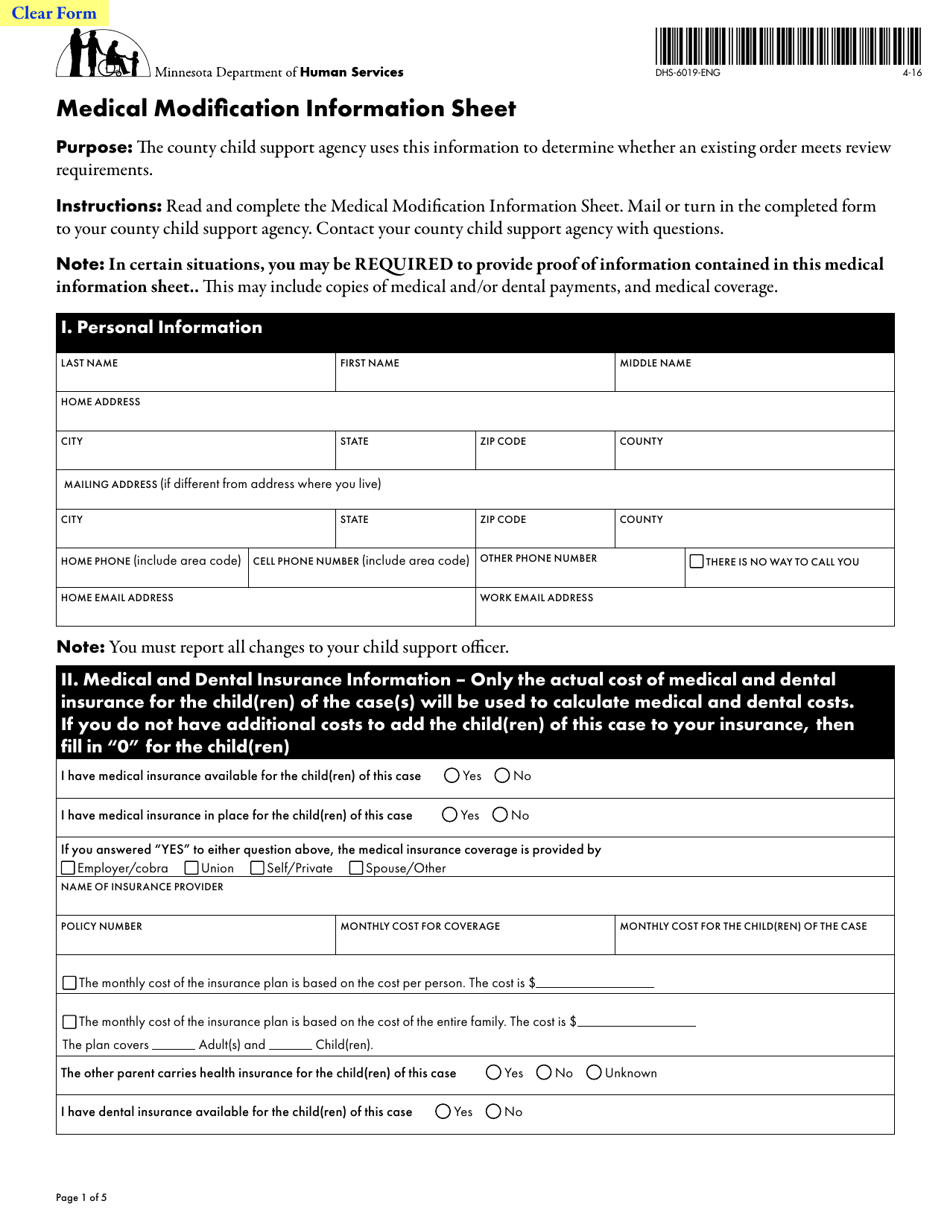 Form DHS-6019-ENG Medical Modification Information Sheet - Minnesota, Page 1