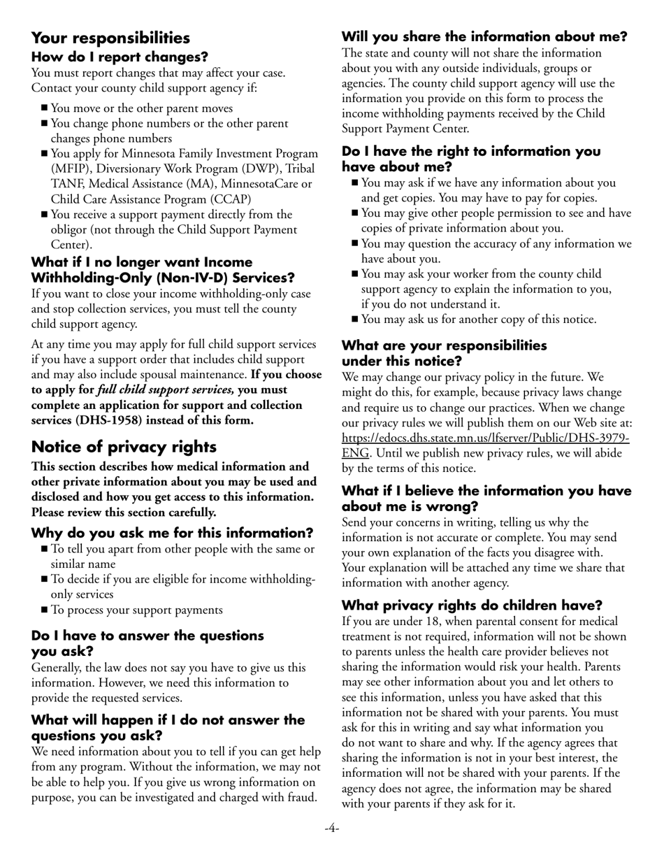 Form DHS-3164-ENG Income Withholding-Only (Non-IV-D) Services Application - Minnesota, Page 4