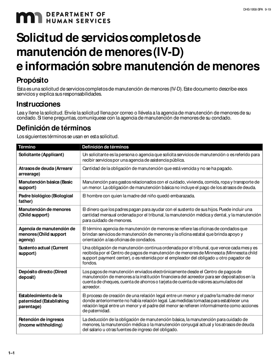 Formulario DHS-1958-SPA Solicitud De Servicios De Manutencion Y Cobros - Minnesota (Spanish), Page 1