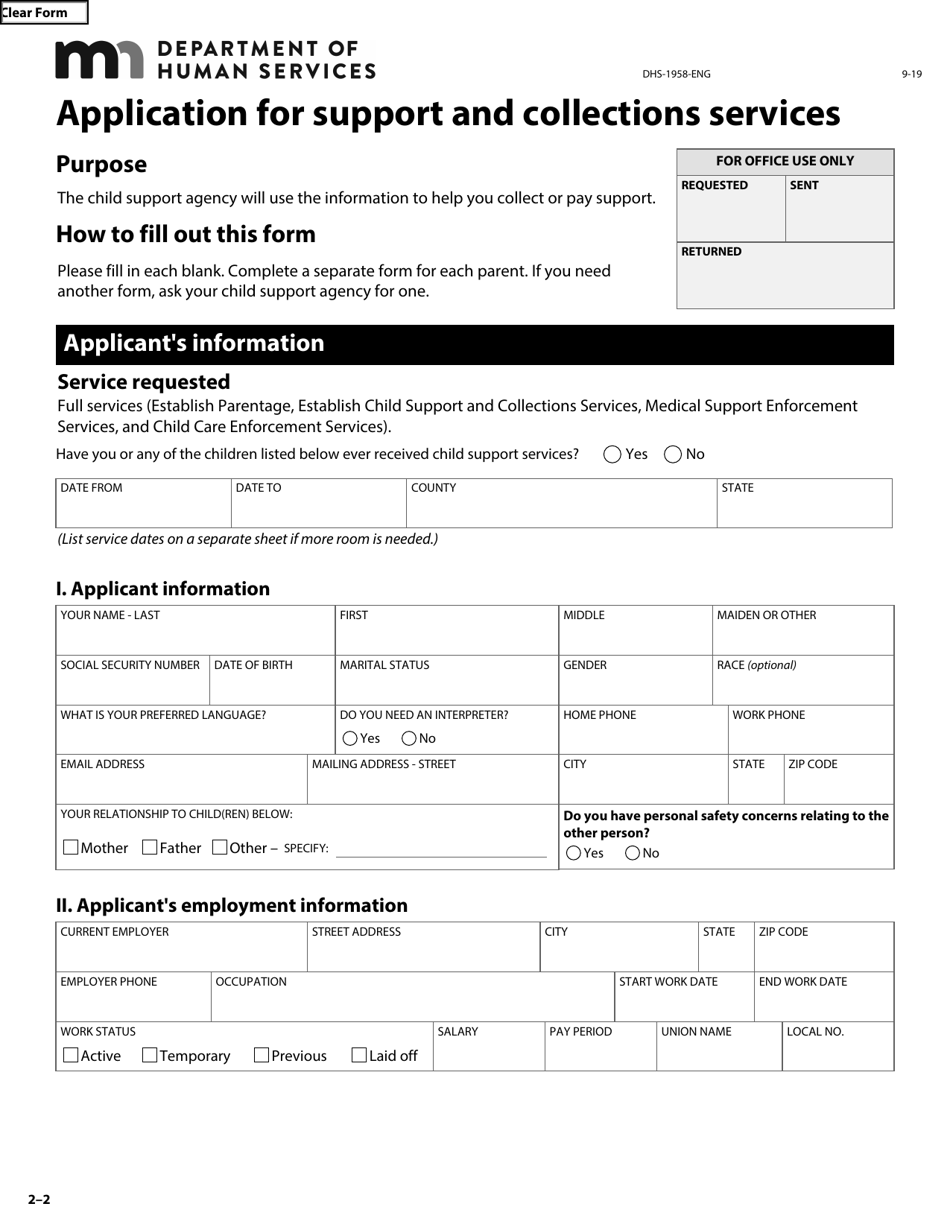 Form DHS-1958-ENG Application for Support and Collections Services - Minnesota, Page 13