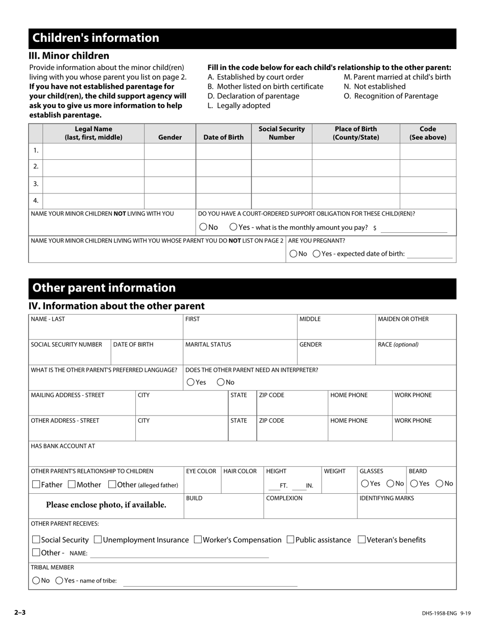 Form DHS-1958-ENG Application for Support and Collections Services - Minnesota, Page 14