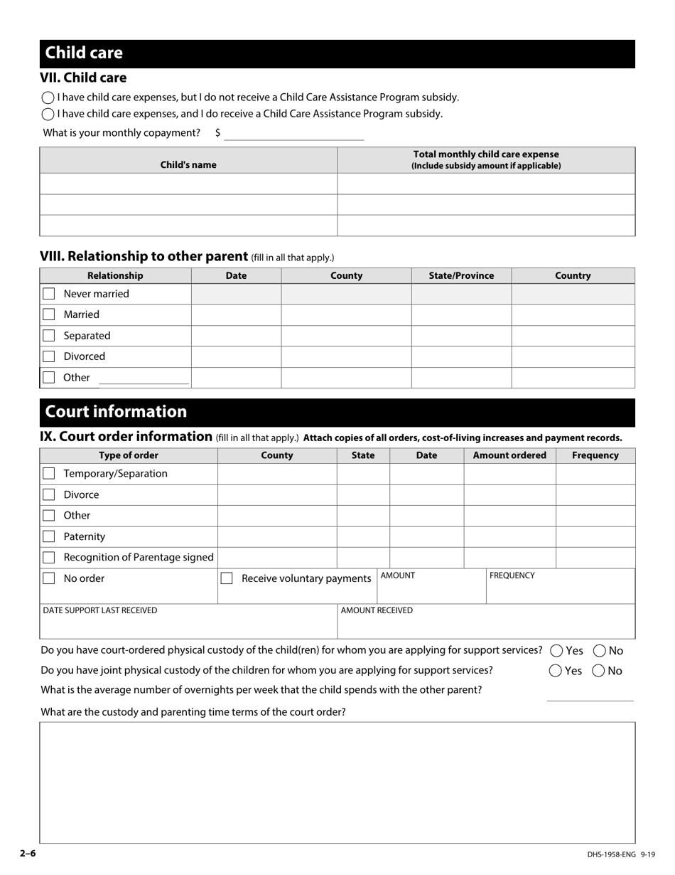 Form DHS-1958-ENG Application for Support and Collections Services - Minnesota, Page 17