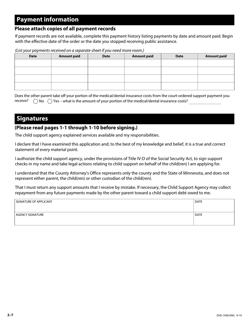 Form DHS-1958-ENG Application for Support and Collections Services - Minnesota, Page 18