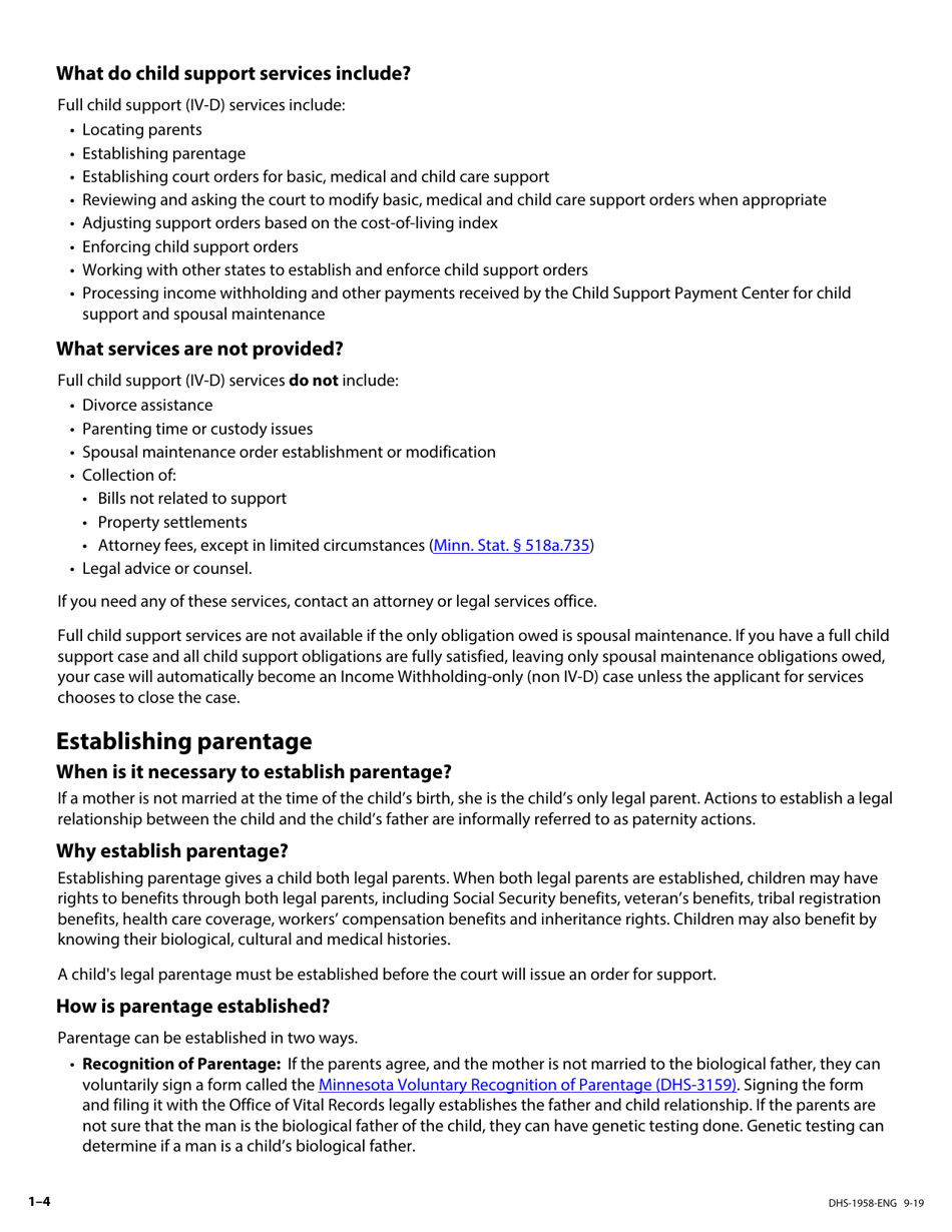 Form DHS-1958-ENG Application for Support and Collections Services - Minnesota, Page 4