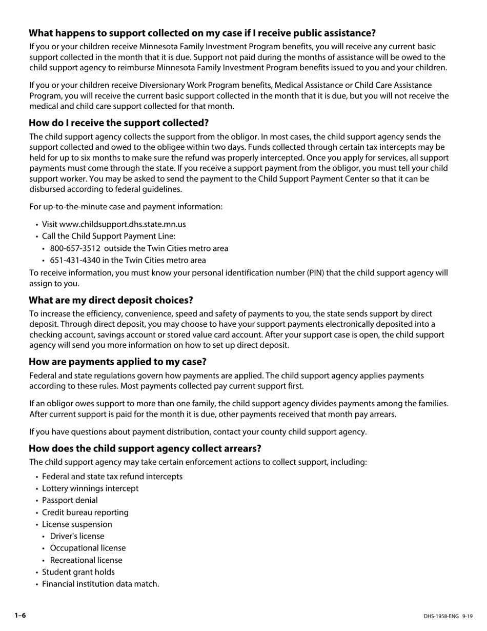 Form DHS-1958-ENG Application for Support and Collections Services - Minnesota, Page 6