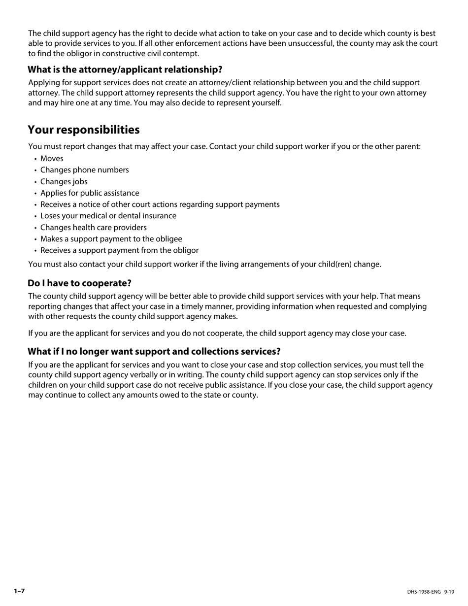 Form DHS-1958-ENG Application for Support and Collections Services - Minnesota, Page 7