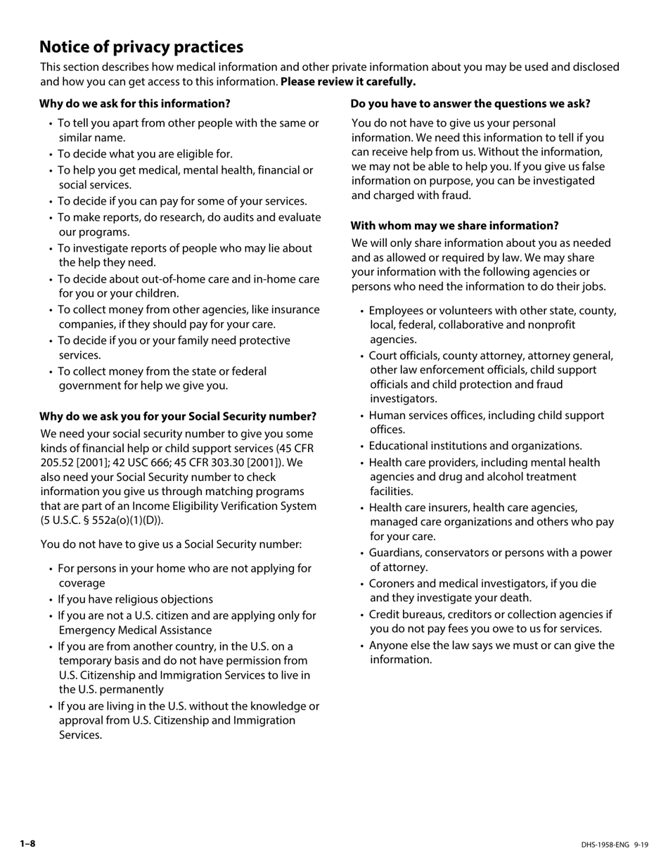 Form DHS-1958-ENG Application for Support and Collections Services - Minnesota, Page 8