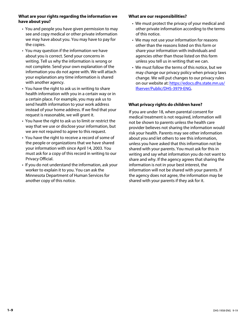 Form DHS-1958-ENG Application for Support and Collections Services - Minnesota, Page 9