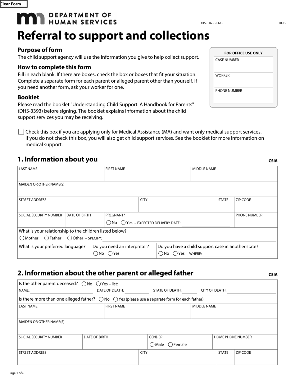 Form DHS-3163B Referral to Support and Collections - Minnesota, Page 1