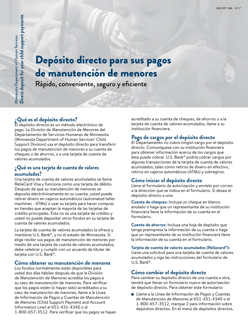 Formulario DHS-3371-SPA Formulario De Autorizacion De Deposito Directo De Manutencion De Menores - Minnesota (Spanish), Page 1