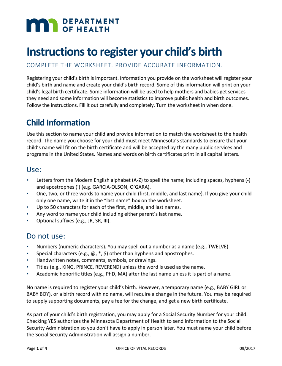 Worksheet for Creating Your Childs Birth Record - Minnesota, Page 1