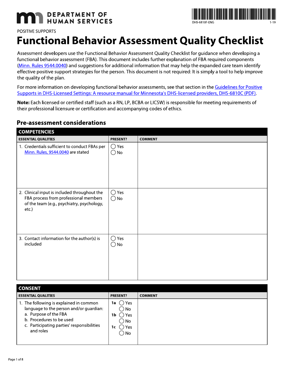 Form DHS-6810F-ENG Functional Behavior Assessment Quality Checklist - Minnesota, Page 1