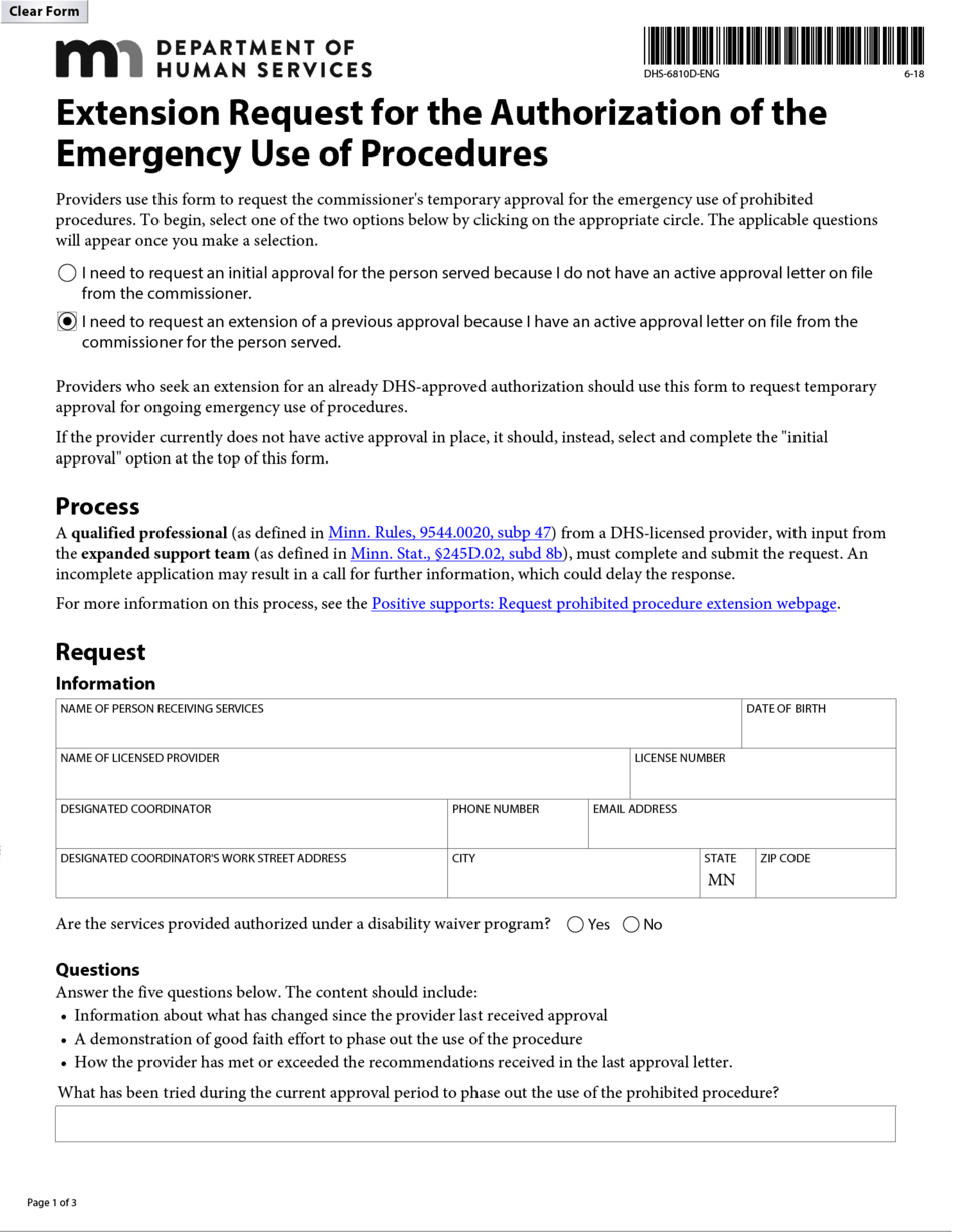 Form DHS-6810D-ENG Request for the Authorization of the Emergency Use of Procedures - Minnesota, Page 1