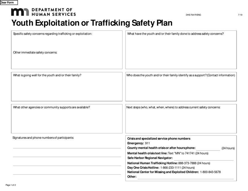 Form DHS-7641R Youth Exploitation or Trafficking Safety Plan - Minnesota