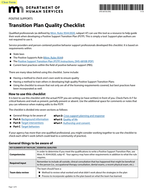 Form DHS-6810G-ENG Transition Plan Quality Checklist - Minnesota