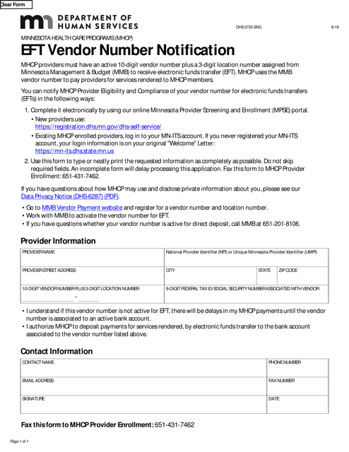 Form DHS-3725 Eft Vendor Number Notification - Minnesota