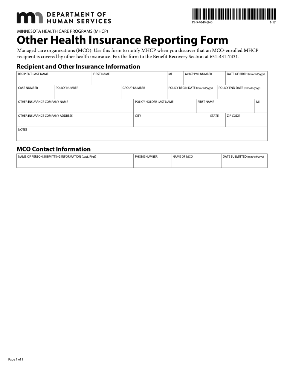 Form DHS-6340-ENG Other Health Insurance Reporting Form - Minnesota, Page 1