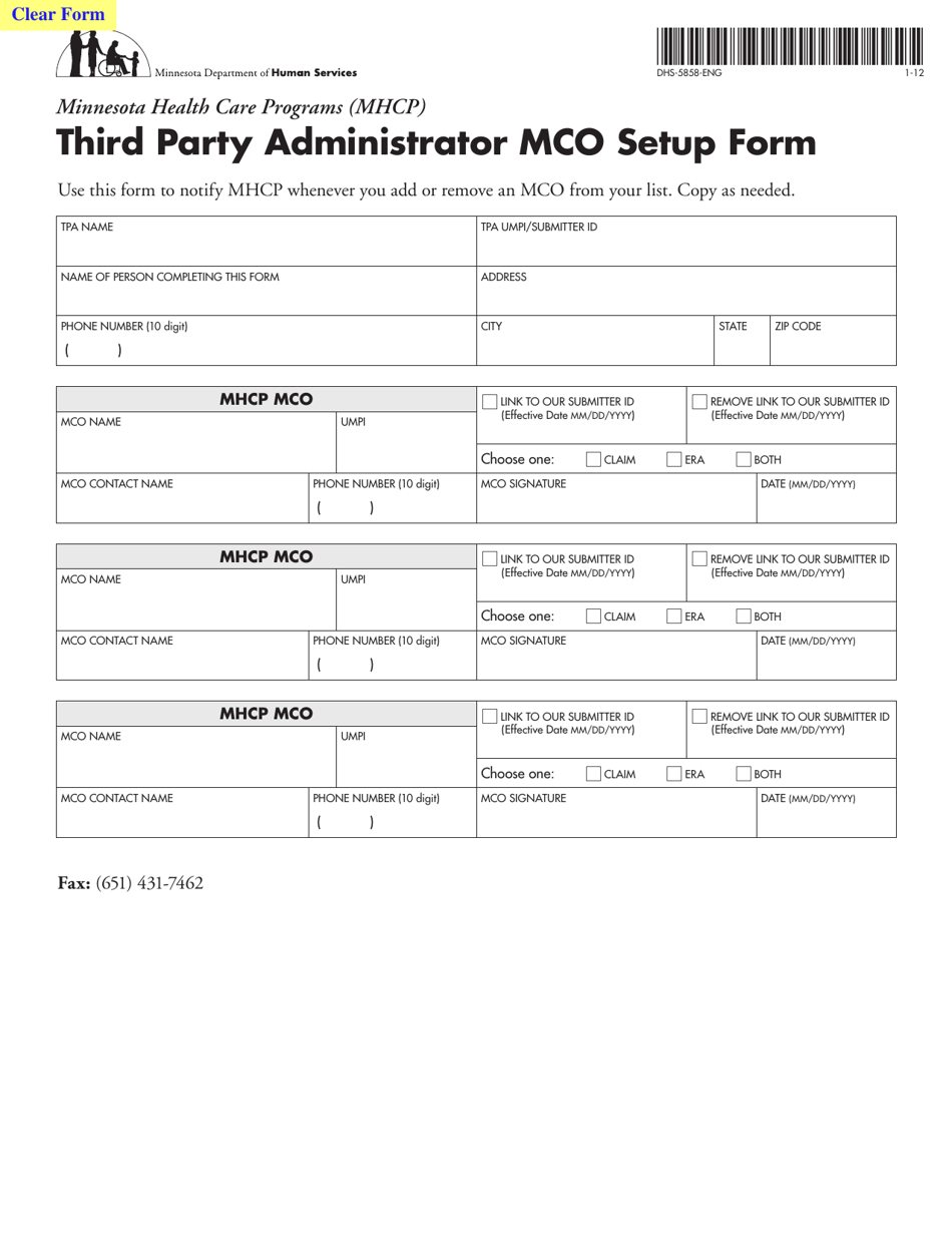 Form DHS-5858-ENG Third Party Administrator Mco Setup Form - Minnesota, Page 1