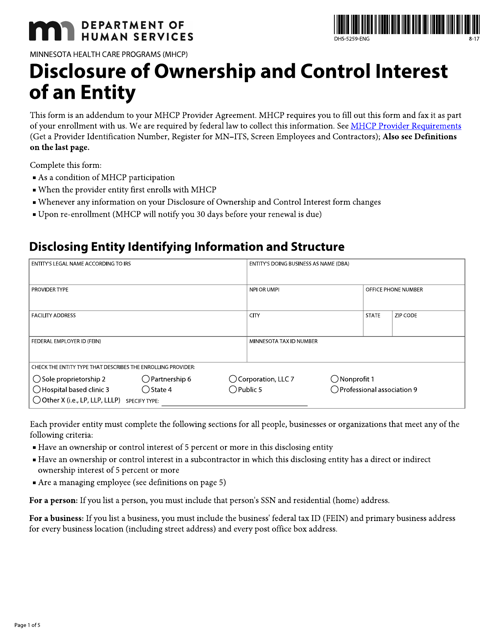 Form DHS-5259-ENG Disclosure of Ownership and Control Interest of an Entity - Minnesota