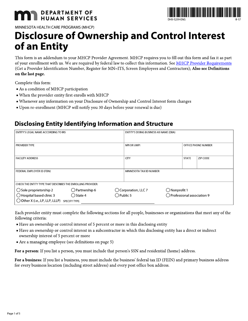 Form DHS-5259-ENG Disclosure of Ownership and Control Interest of an Entity - Minnesota, Page 1