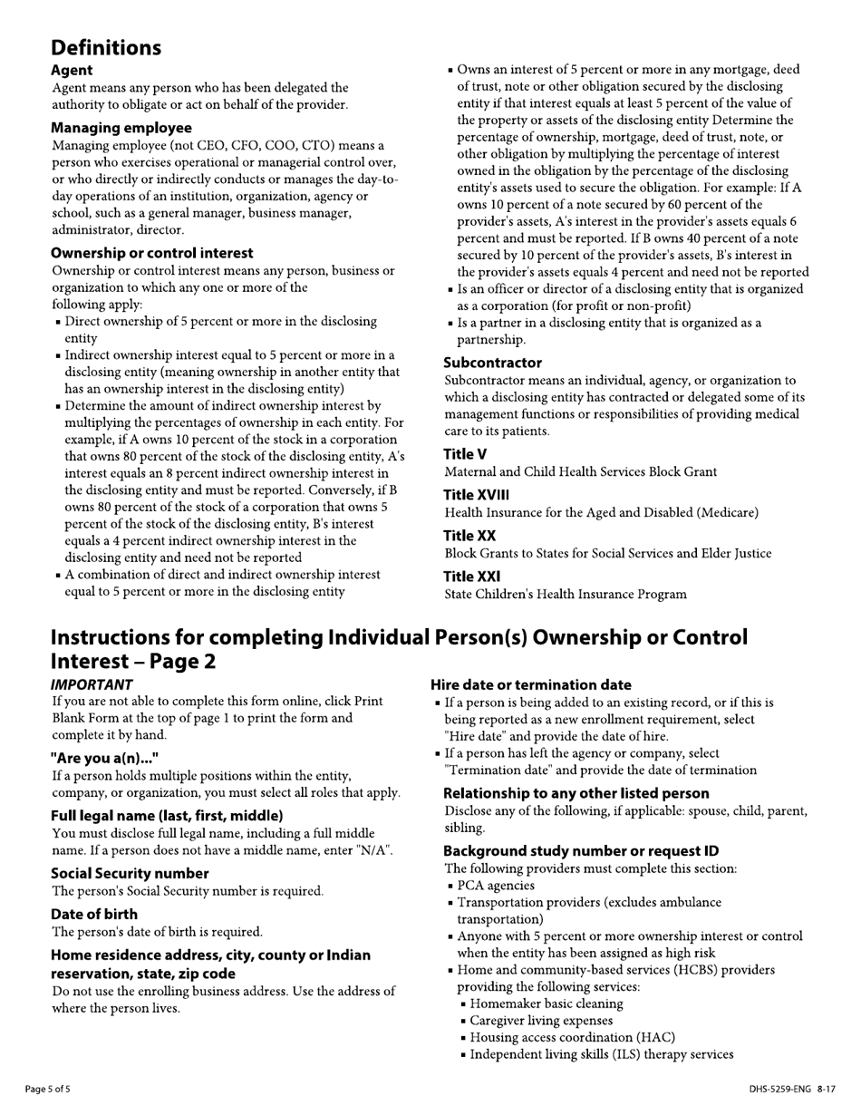 Form DHS-5259-ENG Disclosure of Ownership and Control Interest of an Entity - Minnesota, Page 5