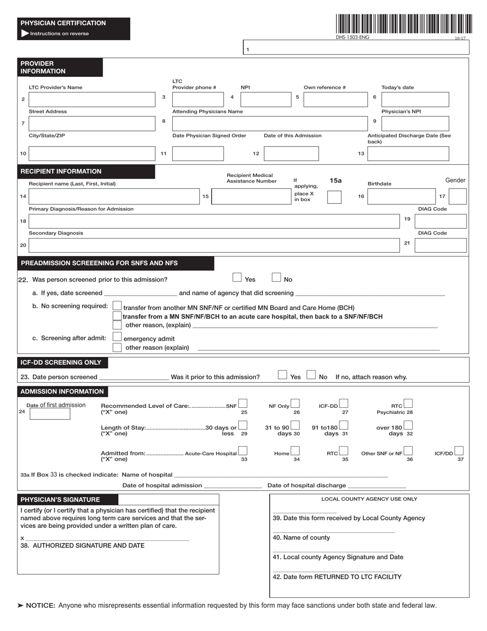 Form DHS-1503-ENG Physician Certification - Minnesota, Page 1
