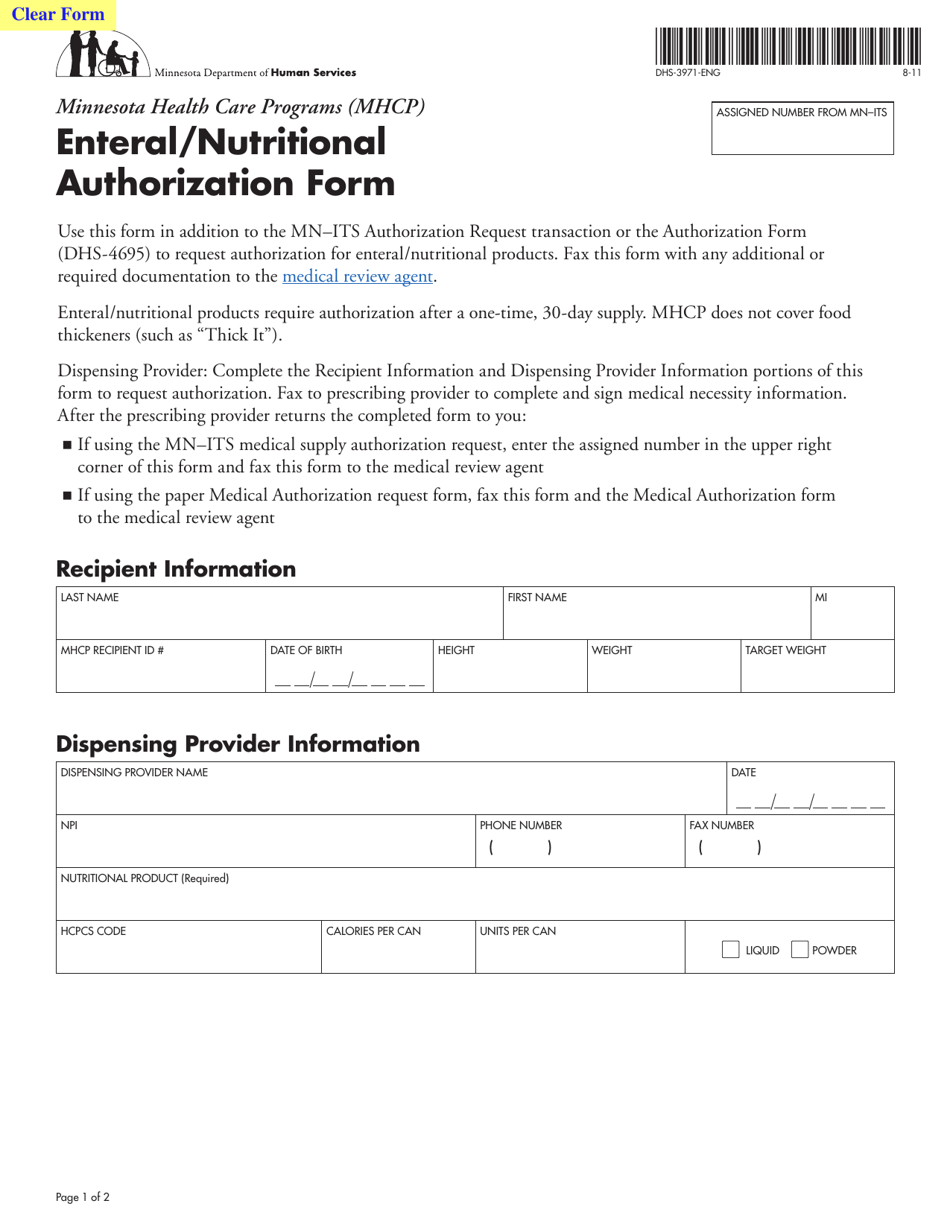 Form DHS-3971-ENG Enteral / Nutritional Authorization Form - Minnesota, Page 1