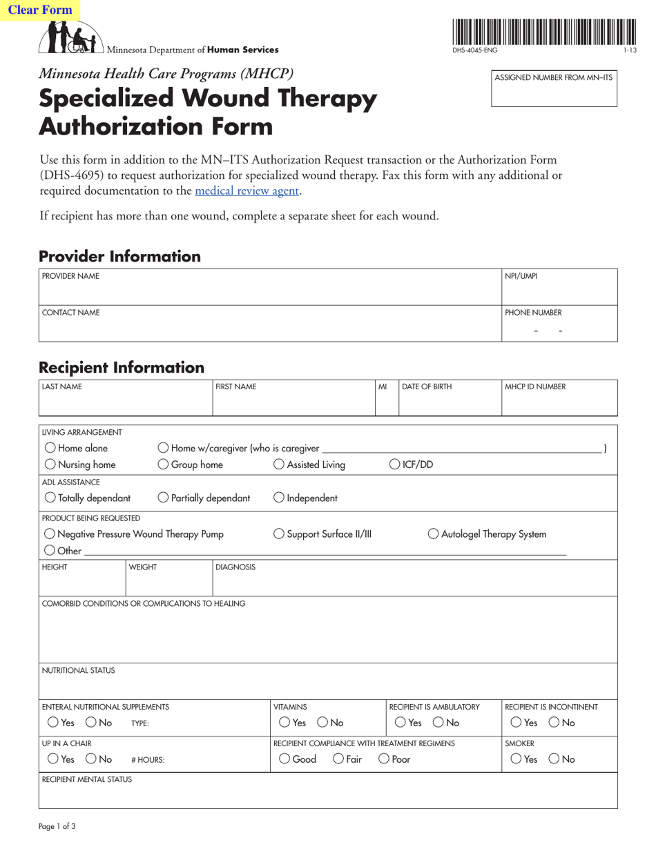 Form DHS-4045-ENG Specialized Wound Therapy Authorization Form - Minnesota, Page 1