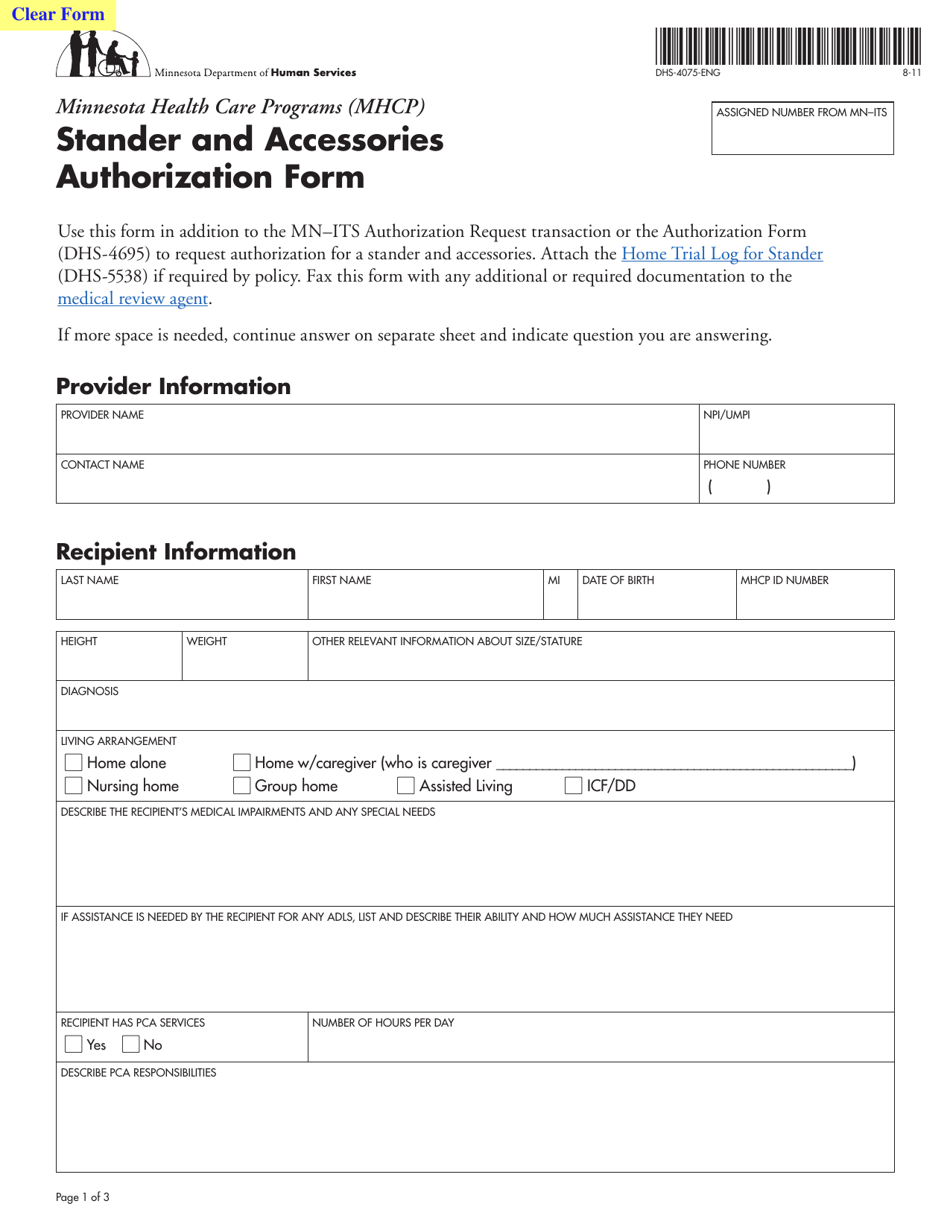 Form DHS-4075-ENG Stander and Accessories Authorization Form - Minnesota, Page 1
