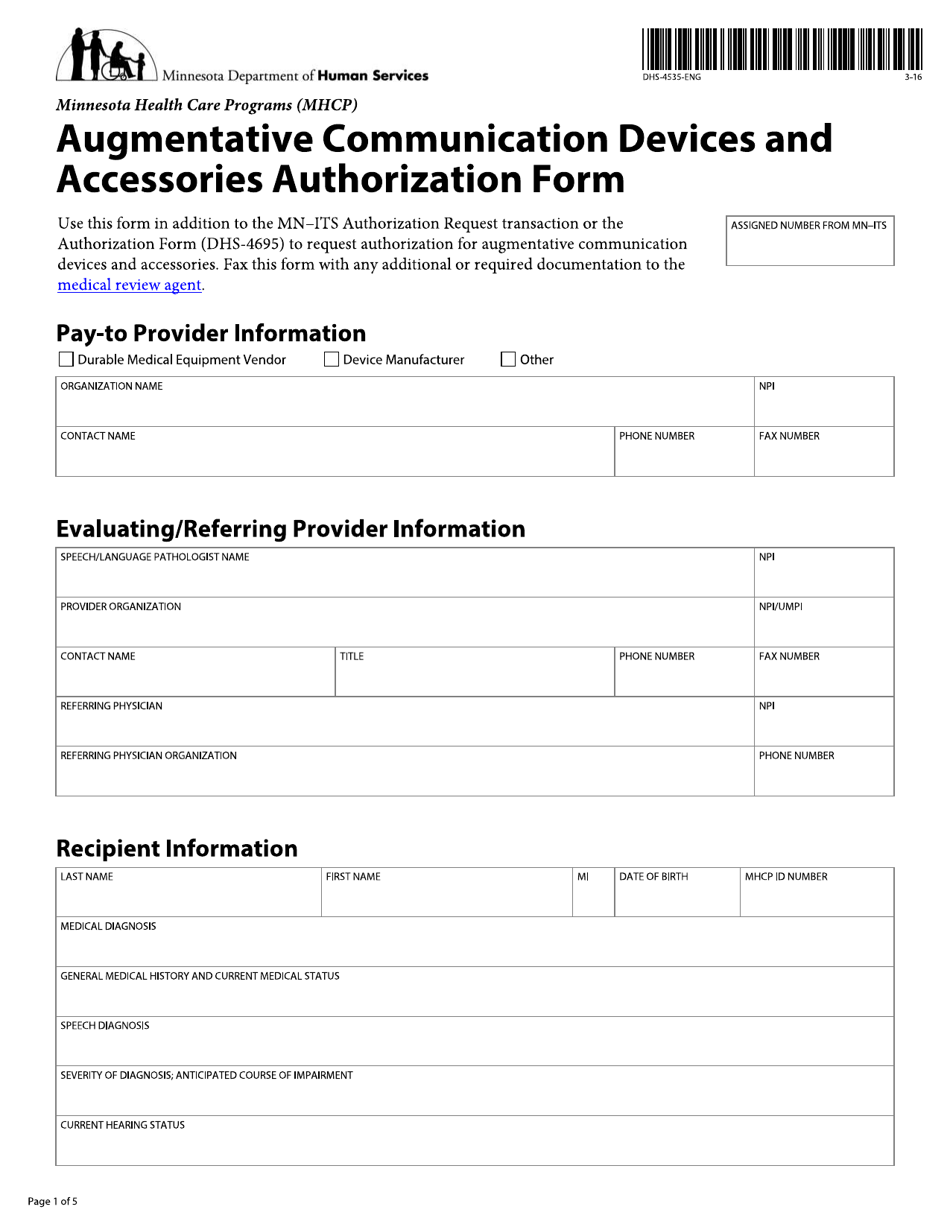 Form DHS-4535 Augmentative Communication Devices and Accessories Authorization Form - Minnesota, Page 1