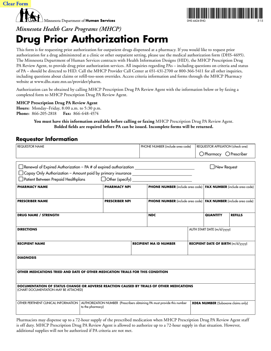Form DHS-4424-ENG Drug Prior Authorization Form - Minnesota, Page 1