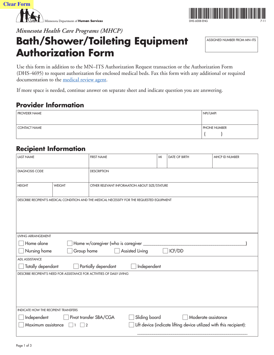 Form DHS-6008-ENG Bath / Shower / Toileting Equipment Authorization Form - Minnesota, Page 1