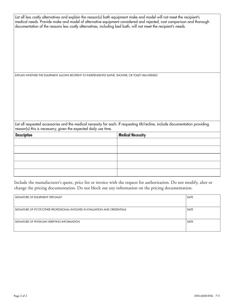 Form DHS-6008-ENG Bath / Shower / Toileting Equipment Authorization Form - Minnesota, Page 3