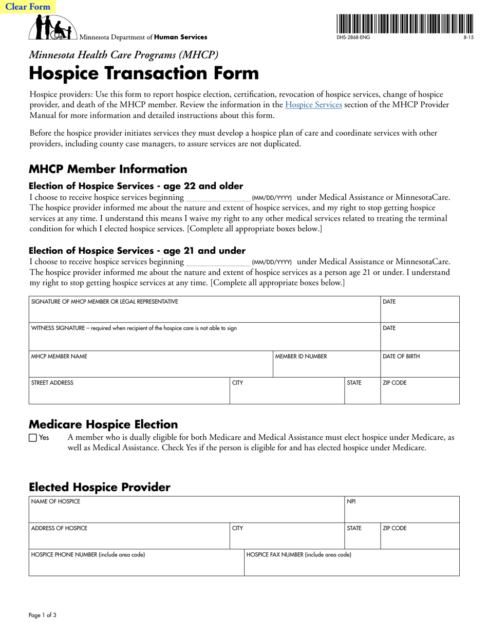 Form DHS-2868-ENG Hospice Transaction Form - Minnesota, Page 1