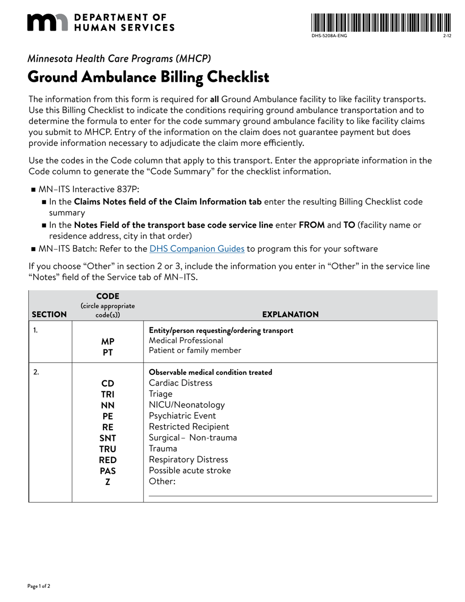 Form DHS-5208A-ENG Ground Ambulance Billing Checklist - Minnesota, Page 1