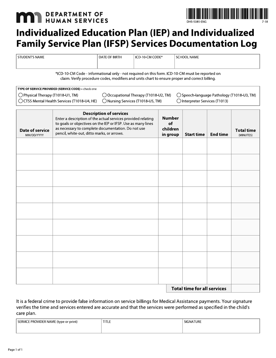 Form DHS-5085-ENG Individualized Education Plan (Iep) and Individualized Family Service Plan (Ifsp) Services Documentation Log - Minnesota, Page 1