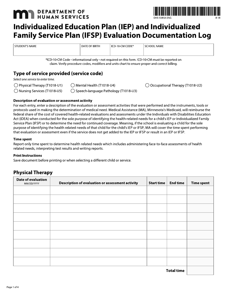 Form DHS-5085A-ENG Individualized Education Plan (Iep) and Individualized Family Service Plan (Ifsp) Evaluation Documentation Log - Minnesota, Page 1
