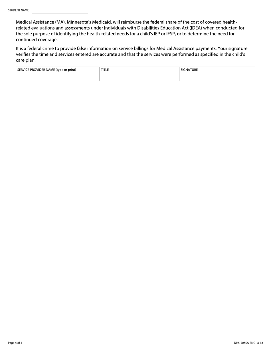 Form DHS-5085A-ENG Individualized Education Plan (Iep) and Individualized Family Service Plan (Ifsp) Evaluation Documentation Log - Minnesota, Page 4