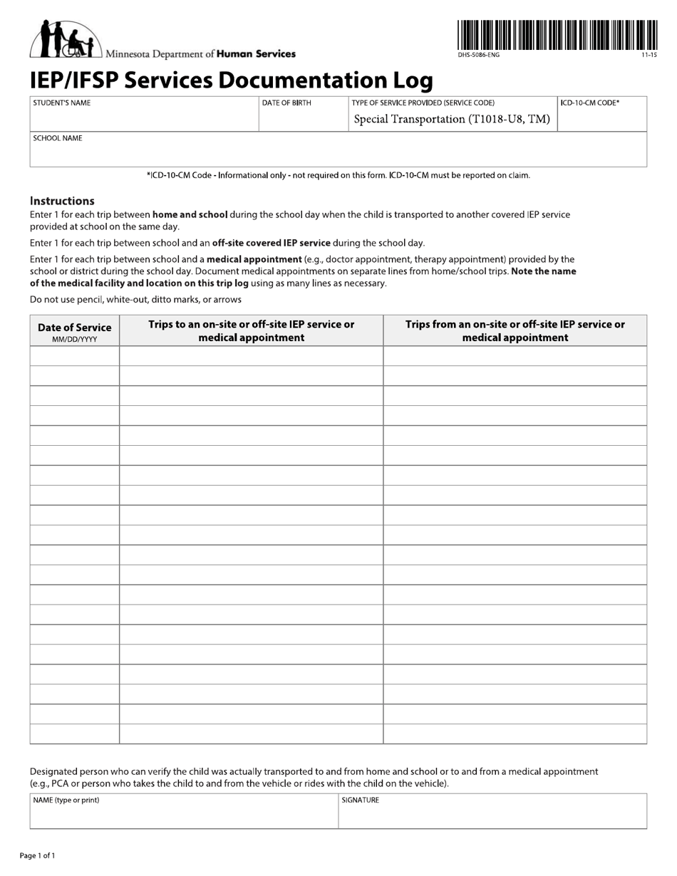 Form DHS-5086 Iep/Ifsp Services Documentation Log - Minnesota, Page 1