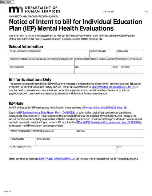 Form DHS-7840-ENG Notice of Intent to Bill for Individual Education Plan (Iep) Mental Health Evaluations - Minnesota